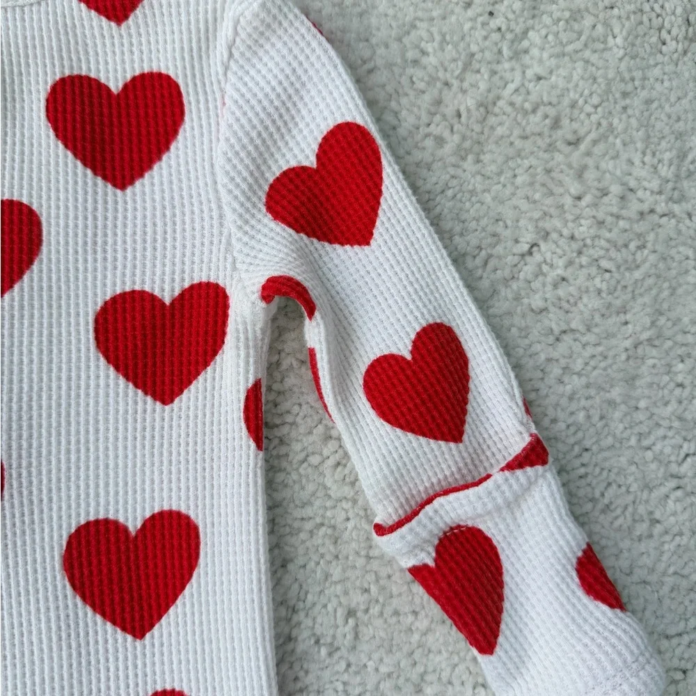 Spearmint Love Red Heart Waffle Knit Ruffled Footed One Piece - Picture 11 of 11
